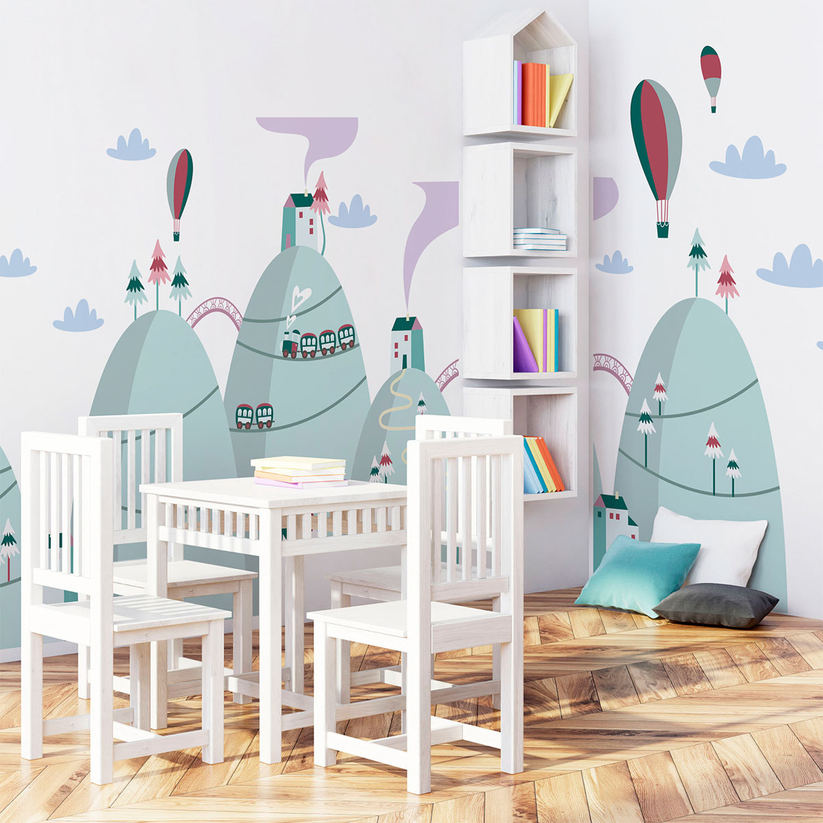 Stickers muraux enfants - Décoration chambre bébé - Autocollant Sticker mural géant enfant montagnes scandinaves MONTGOLFIÈRES SPECTACULAIRES