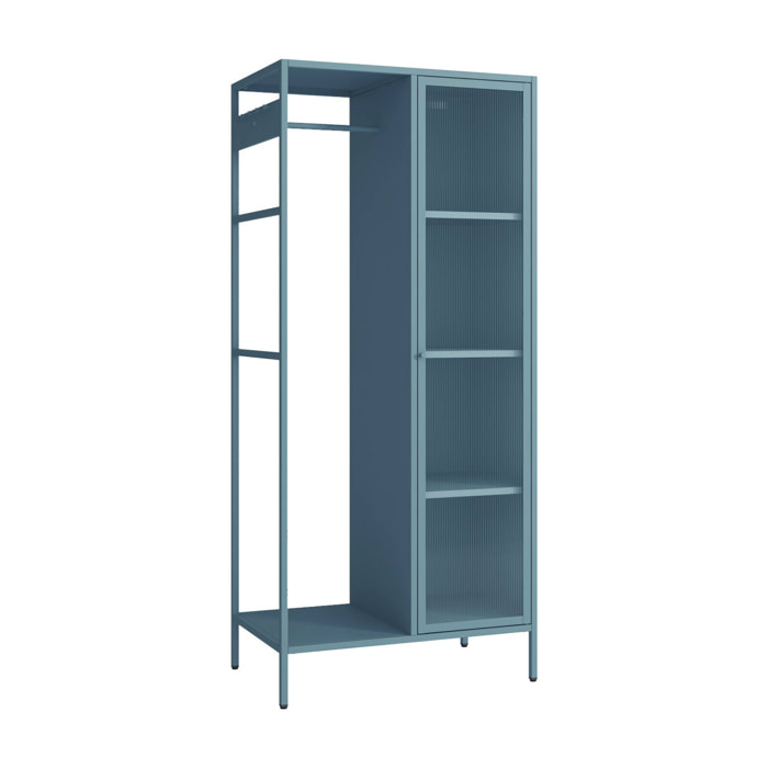 Dressing en métal bleu. industriel. penderie. 4 espaces de rangement. casiers