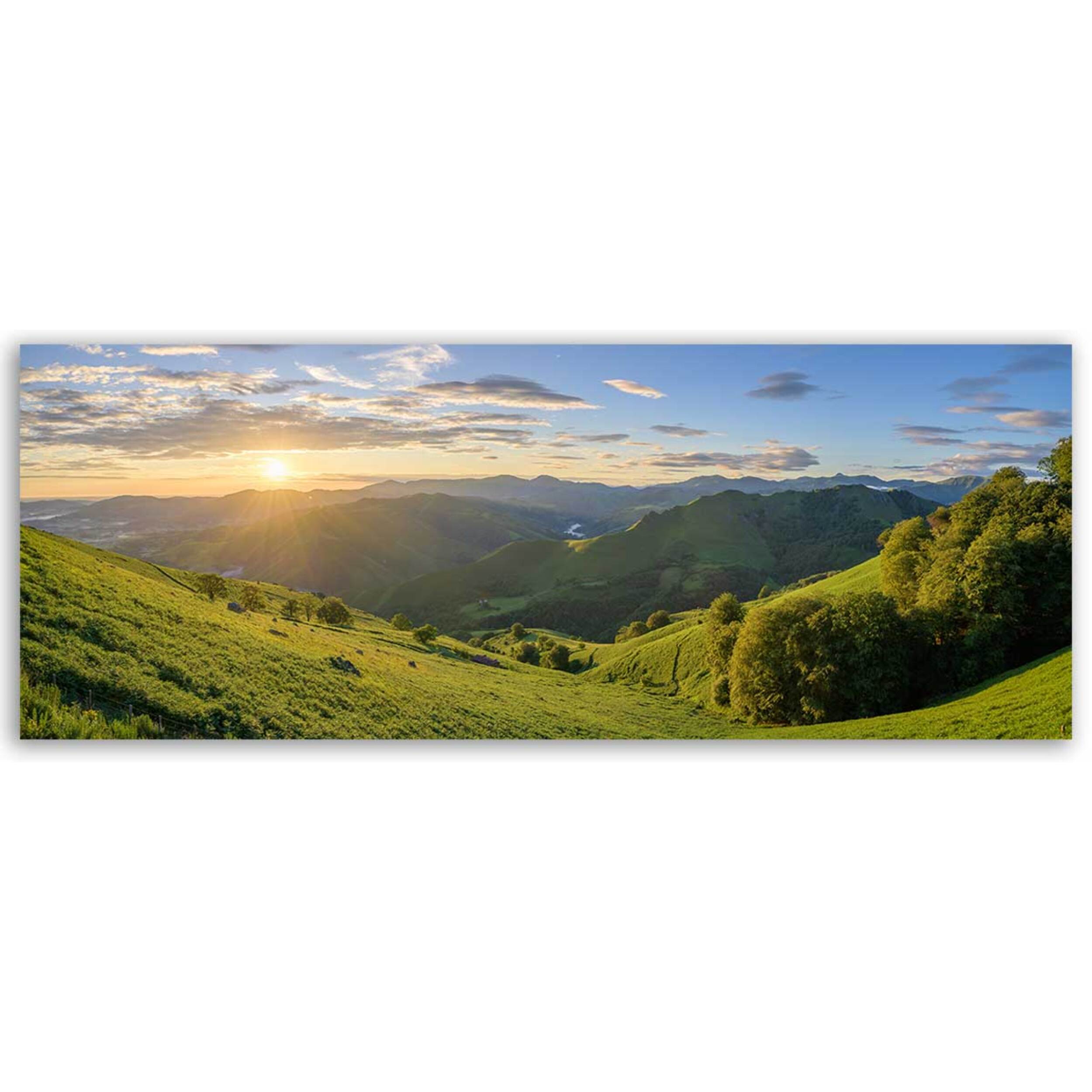 Tableau panoramique collines vertes coucher de soleil Toile imprimée