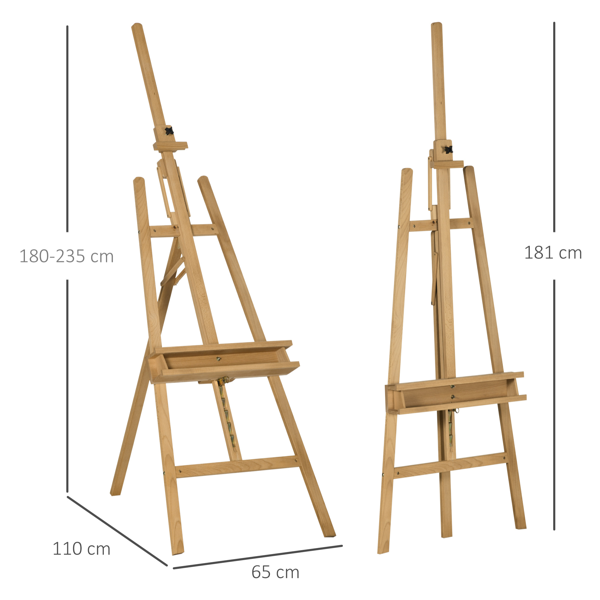 Chevalet d'artiste sur pied inclinaison et hauteur réglable dim. 65L x 110l x 180-235H cm bois de hêtre clair