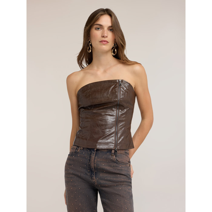 Motivi - Bustier lucido con effetto crinkle e zip - Marrone