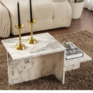 Table basse moderne effet marbre blanc - 2 niveaux MARFA