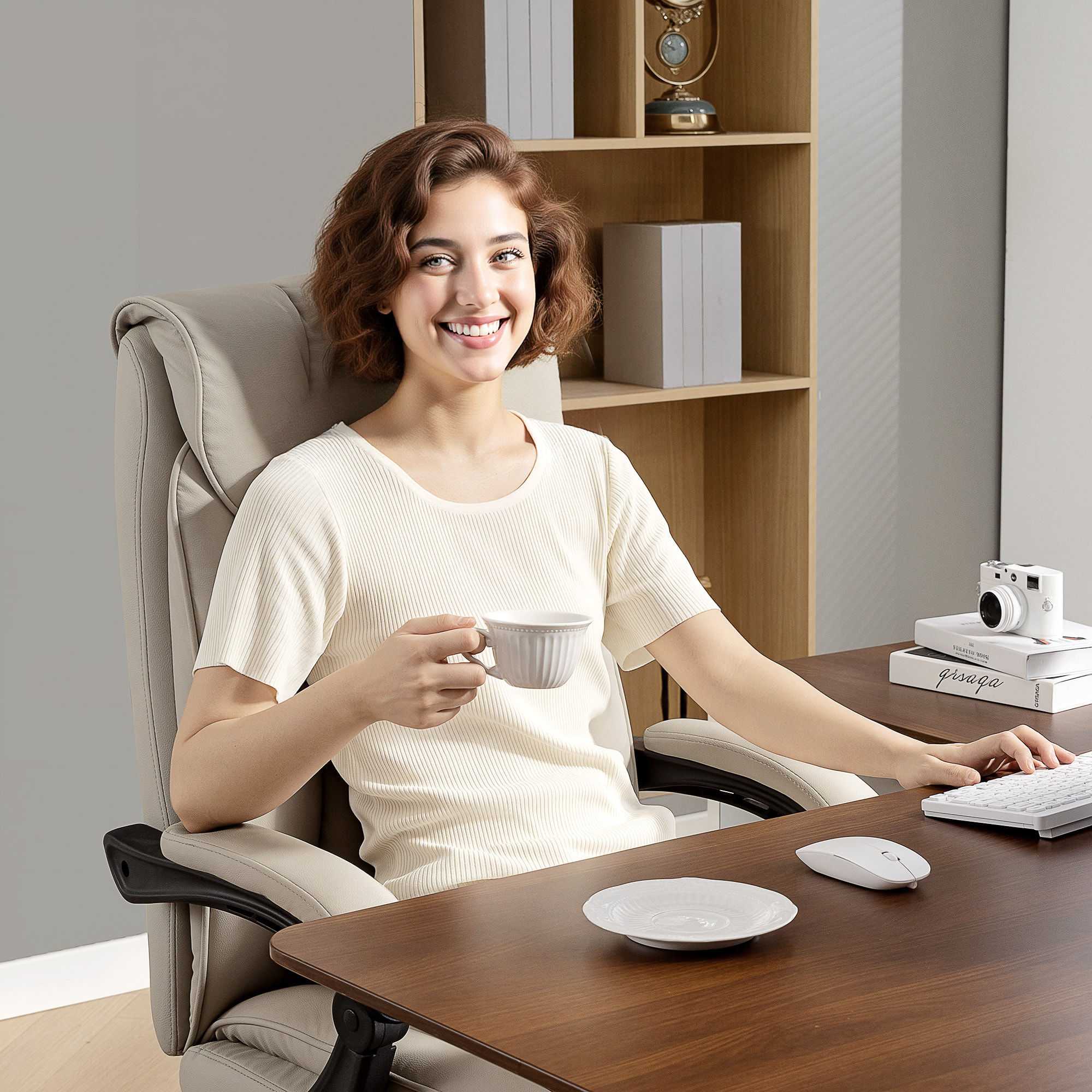 Silla de Escritorio con Reposapiés, Silla de Oficina Giratoria, con Respaldo Reclinable y Alto, Acolchado Grueso Doble, Tapizada en Cuero Sintético Resistente, Altura Ajustable, Caqui