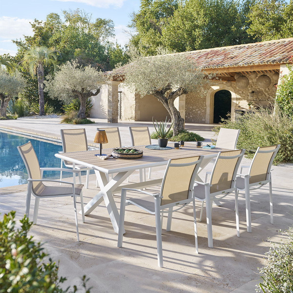 Table de jardin "Axiome" eucalyptus & blanc 8 places