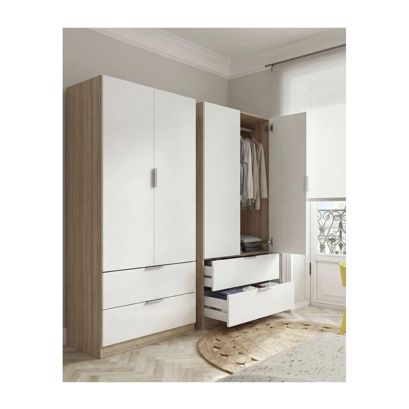 Armario de 2 puertas y 2 cajones en blanco artik y roble canadian 81,5x180 cm Lark Blanco Artik (Blanco Mate) - Roble Canadian