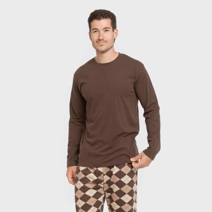 Pijama comprido em algodão para homem olmo castanho escuro mesclado