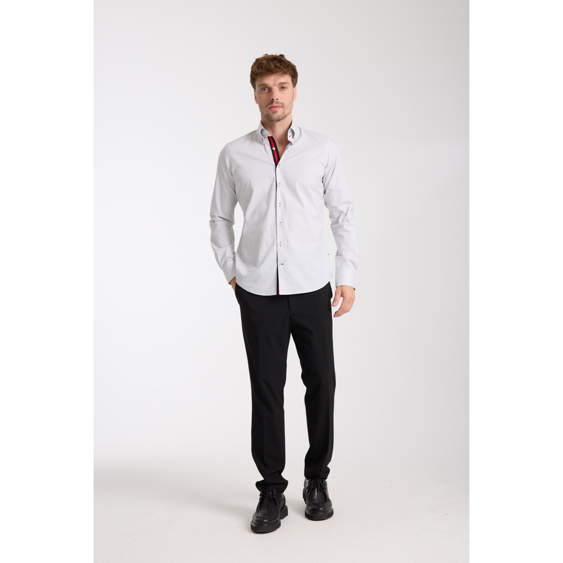 Camicia Uomo 2 Bottoni Button Down Slim Popeline Stretch Riga Media Bianco/Nero