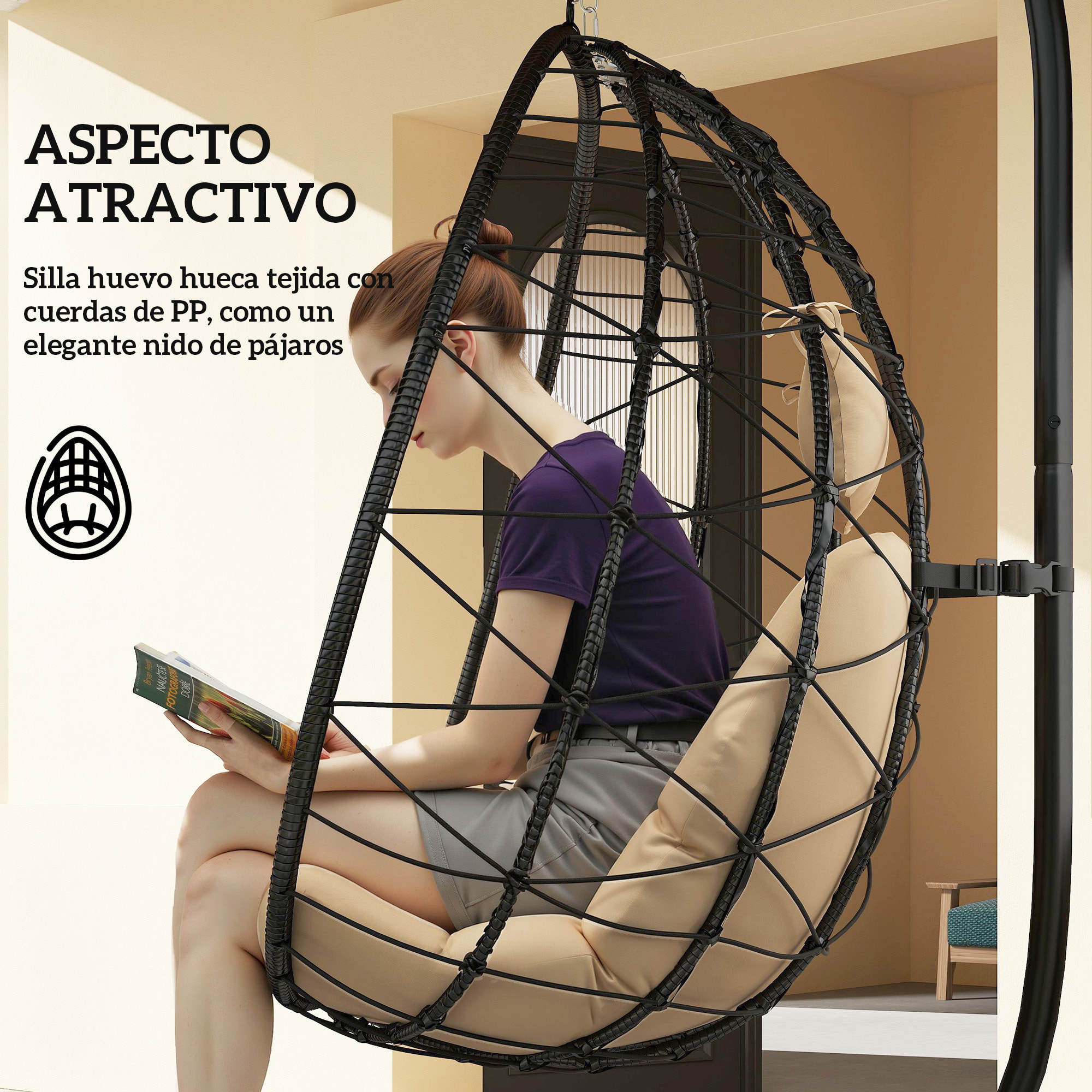 Silla Colgante Huevo con Soporte Columpio Jardín Exterior con Cesta Plegable Cojín y Reposacabezas Columpio Colgante para Interior y Exterior Carga 120 kg Caqui