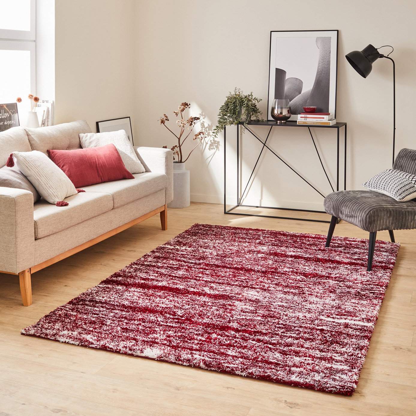 Oslo - tapis de salon abstrait design moderne à poils longs rouge