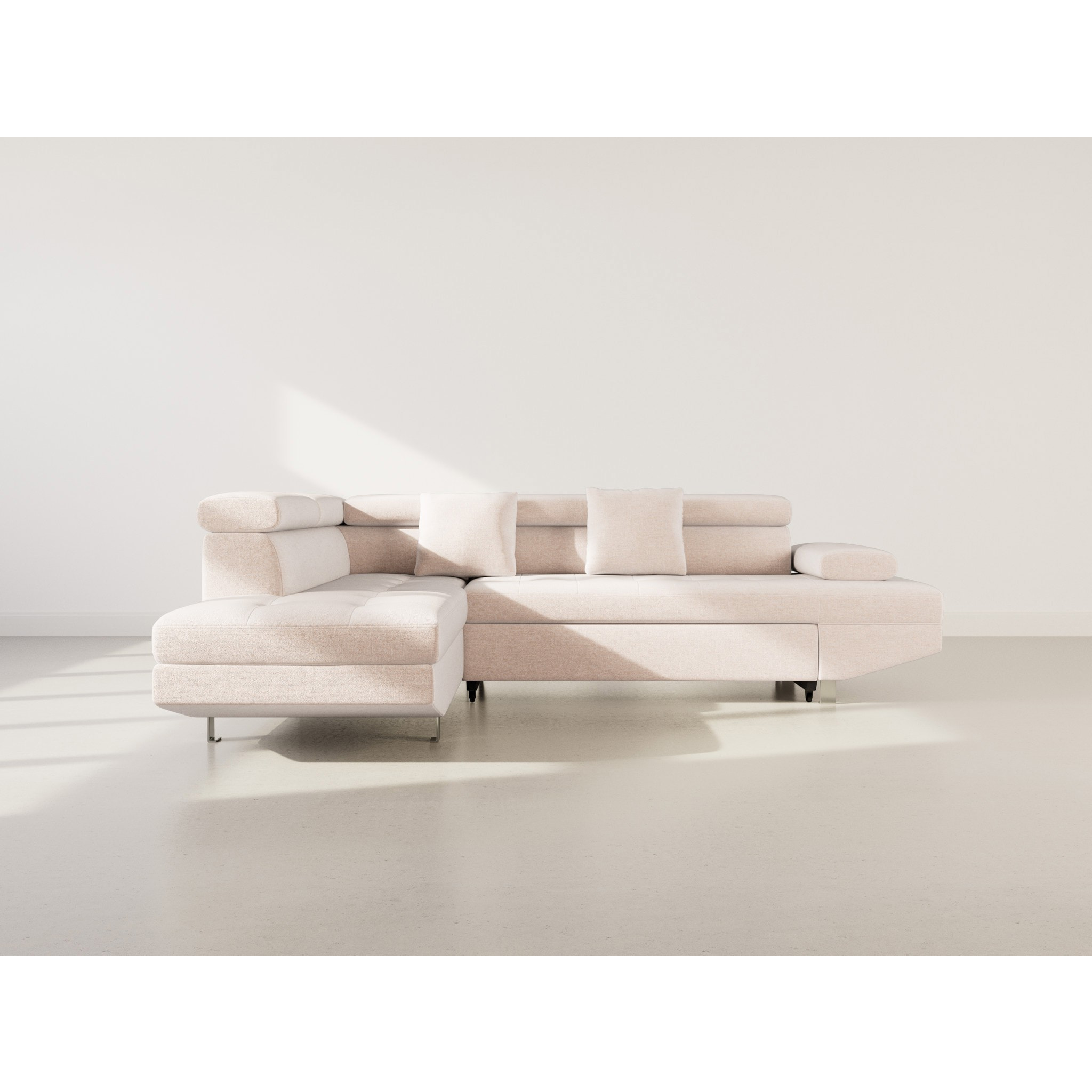 Margaux - Canapé d'angle gauche 5 places convertible avec coffre et têtières réglables en velours texturé - Beige