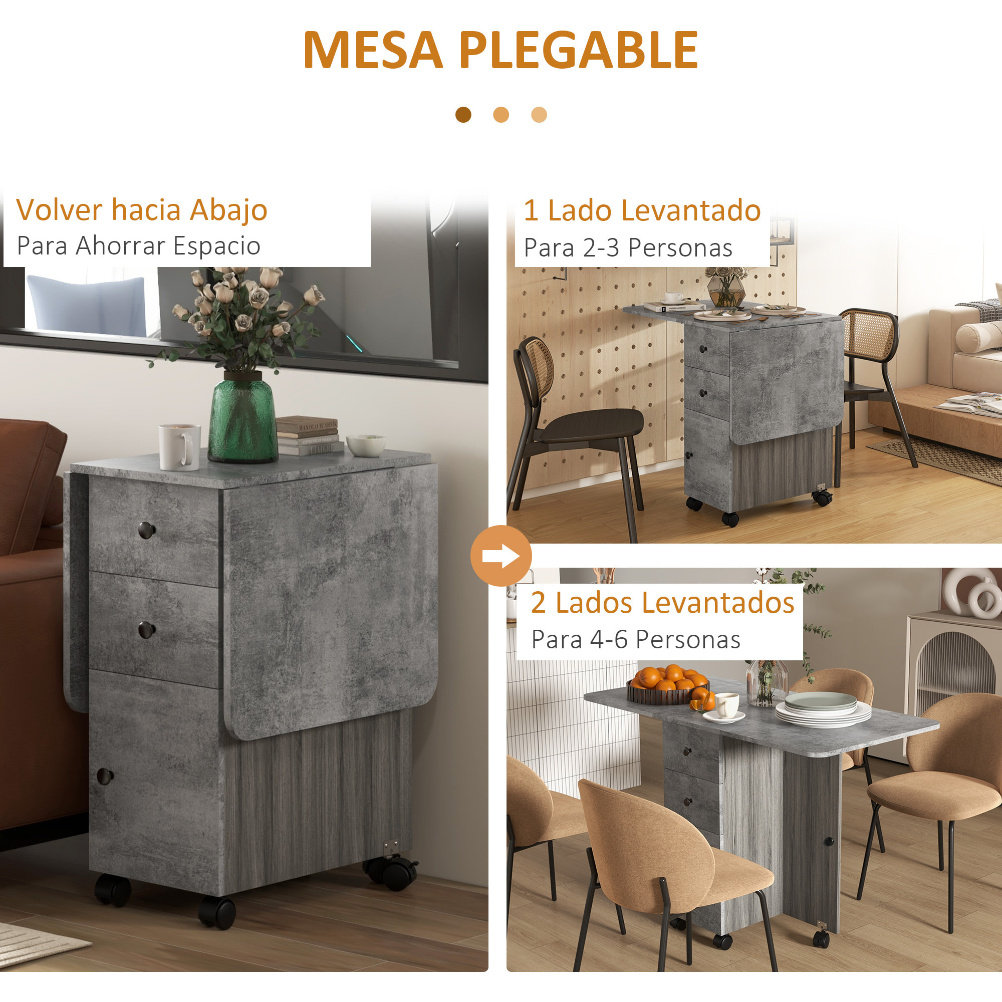 Mesa Plegable de Comedor, Mesa de Cocina Plegable, con Ruedas, Alas Abatibles, 2 Cajones, Estante y Armario, Hasta 6 Personas, para Salón, Espacio Pequeño, 120x60x76,5 cm, Gris