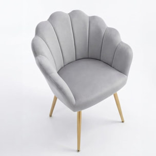Poltrona in velluto design a conchiglia elegante e moderna, seduta imbottita confortevole con base in legno e gambe in metallo dorato, poltroncina versatile per soggiorno, camera o ufficio, stabile e resistente fino a 100 kg, stile raffinato e decorativo