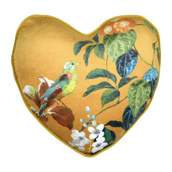 Coussin en forme de cœur à motif végétal - Jaune moutarde