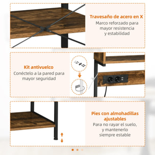 Estantería de Cocina con 2 Cargadores USB Estantería para Microondas Mueble Auxiliar de Cocina con Toma de Corriente 5 Ganchos y Estante Ajustable 60x42x153 cm Marrón Rústico