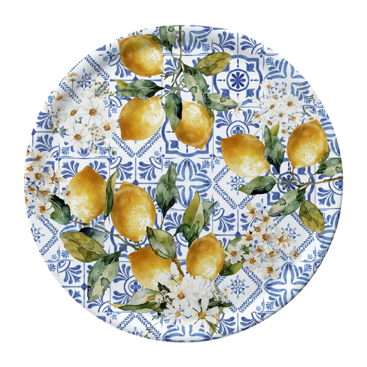 Plateau bois imprimé jaune vert Citrons azulejos bleu