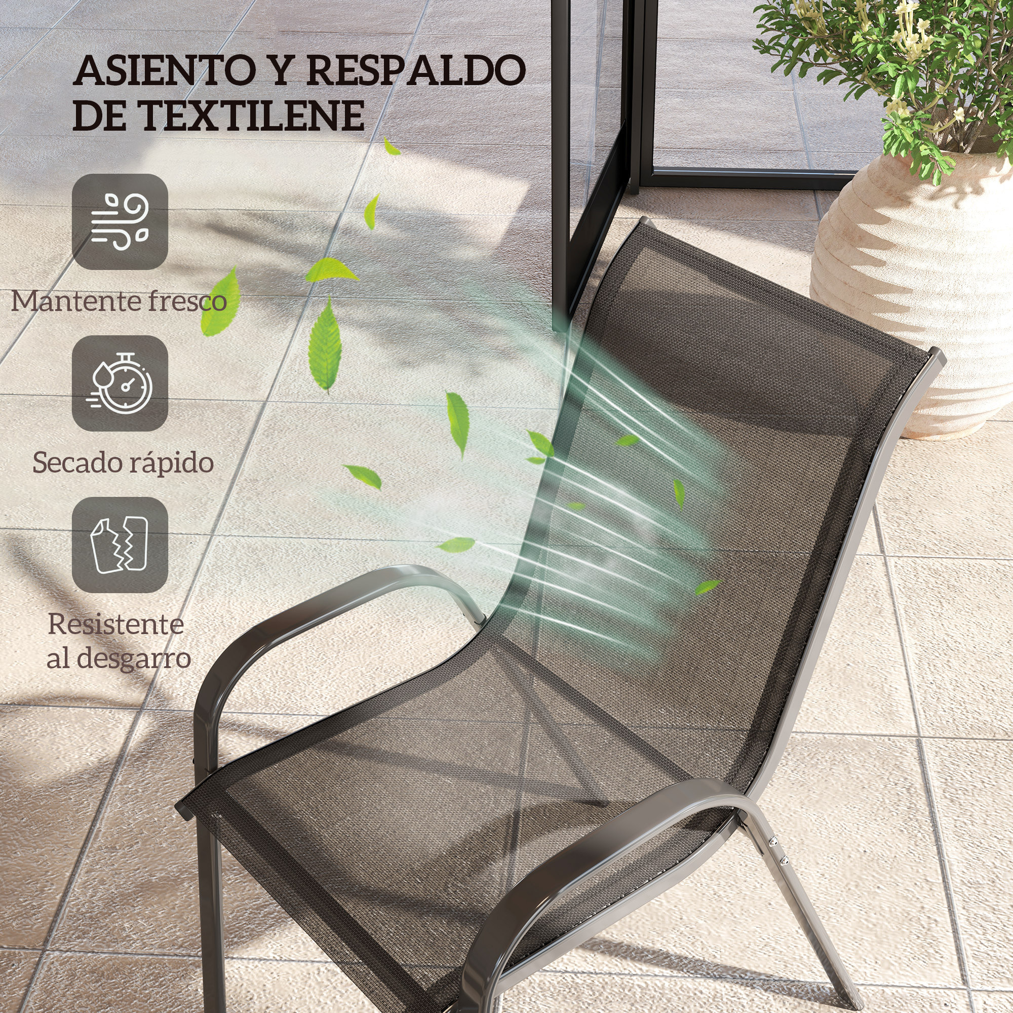 Juego de 4 Sillas de Jardín Exterior Sillas Terraza Exterior Apilables Sillas de Jardín con Tela Transpirable Marco de Acero Reposabrazos y Respaldo 54x71x93 cm Negro