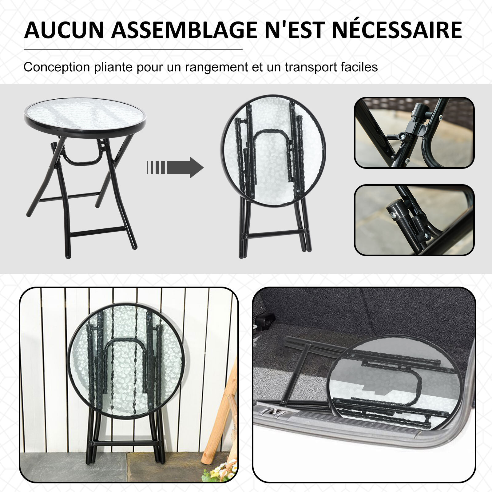 Table basse ronde bistro de jardin Ø 45 x 50H cm pliable métal époxy noir plateau verre trempé