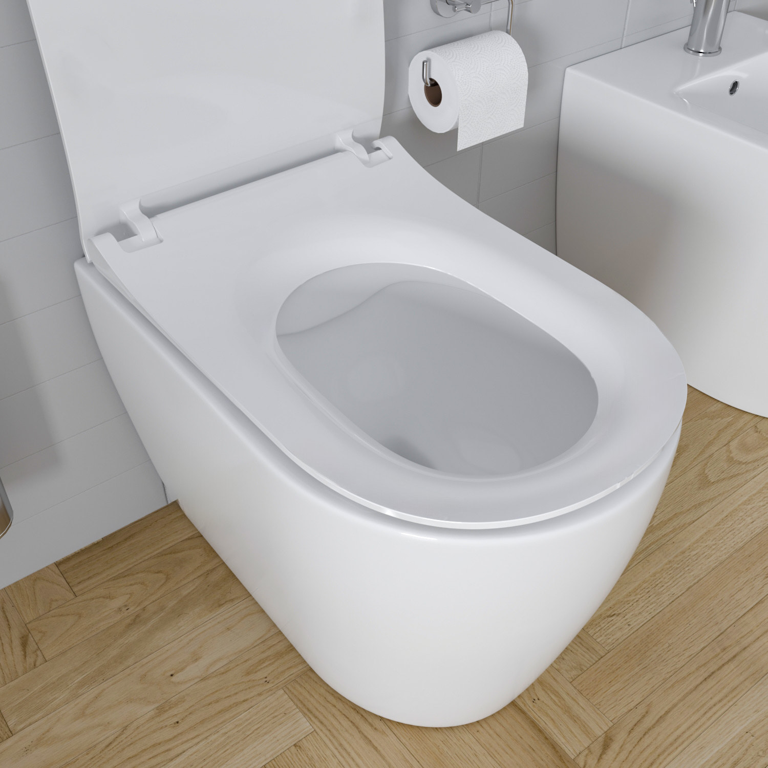 Coppia Sanitari Filomuro Filo Muro Vaso WC Rimless Senza Brida E Bidet Design Moderno In Ceramica Copriwater Chiusura Soft Close Rallentata Bianco