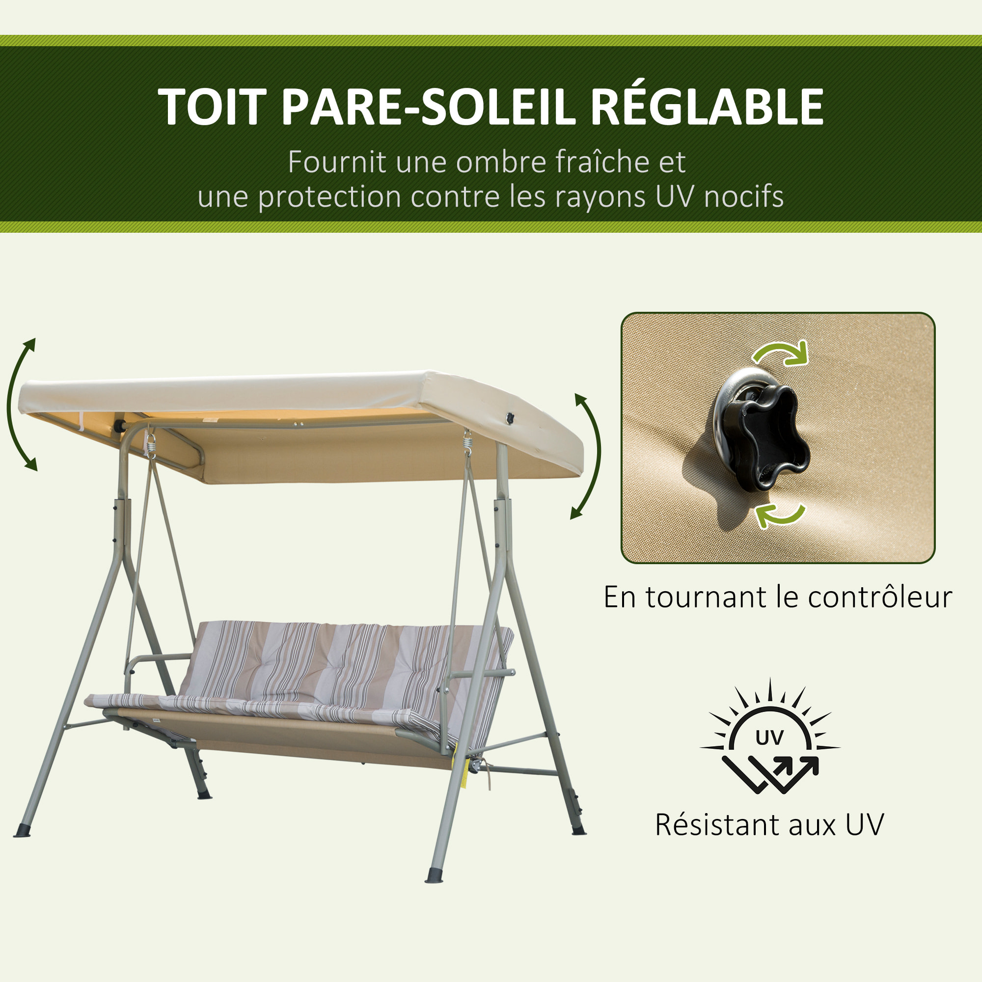 Balancelle de Jardin 3 Places Grand Confort Toit Inclinaison réglable épais Coussins Amovibles Polyester Acier époxy marron clair