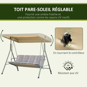 Balancelle de Jardin 3 Places Grand Confort Toit Inclinaison réglable épais Coussins Amovibles Polyester Acier époxy marron clair