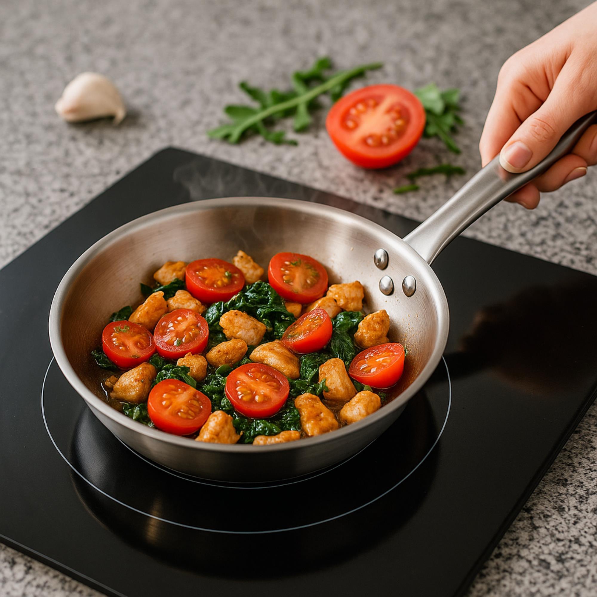 set de batería de cocina de 7 piezas y sartenes en acero inoxidable ø20 y ø24 x5cm, aptas para inducción y sin antiadherente