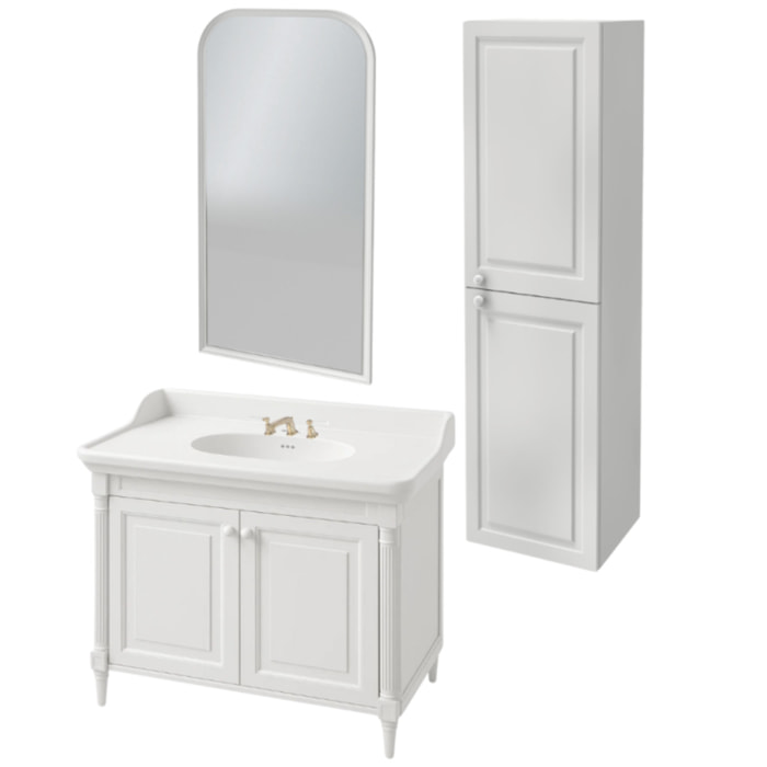 Pack meuble vasque 3 trous Cléo 1889 blanc velours + colonne droite + miroir + mélangeur poignés or