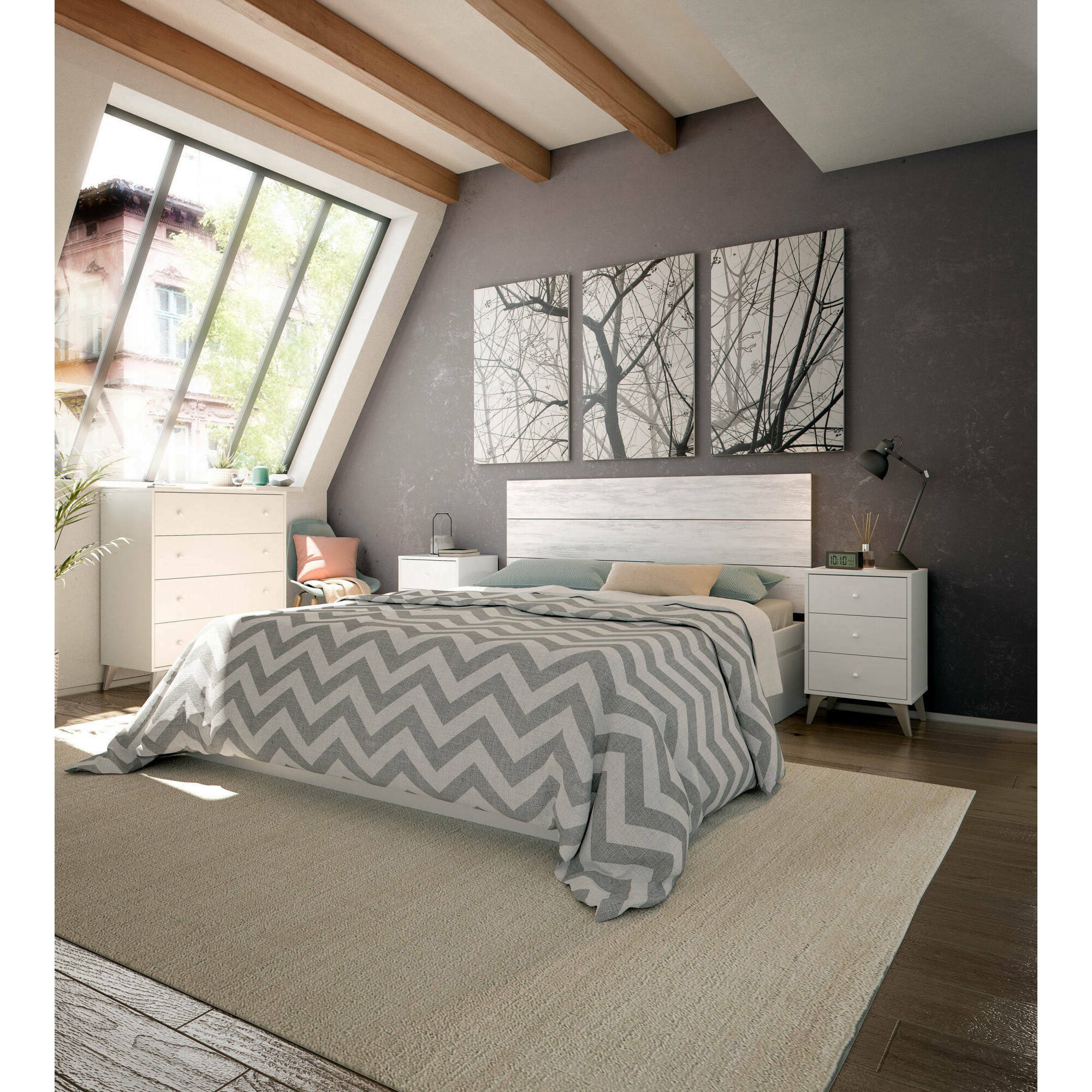 Comodino Attina, Comodino a 3 cassetti, Tavolino da notte, 40x34h56 cm, Bianco e Rovere