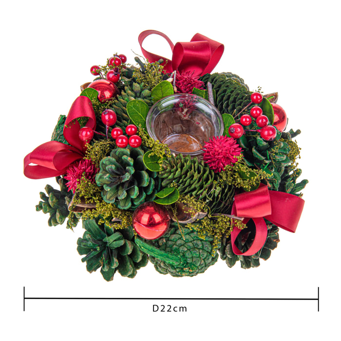 Porta Candela Natale con Fiocchi - Pezzi 1 - Colore Verde - 22x4Hx22cm - Bianchi Dino