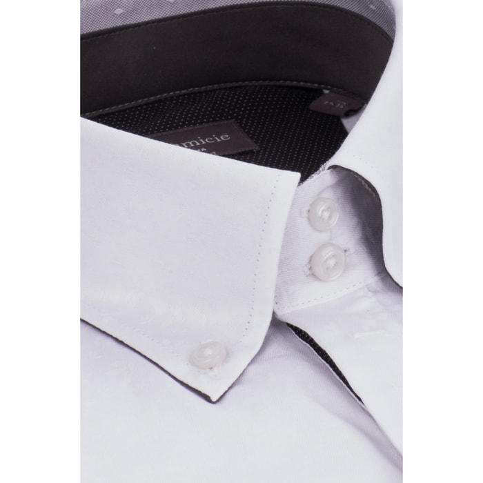 Camicia Uomo 2 Bottoni Button Down Slim Twill Fantasia Bianco e Bianco