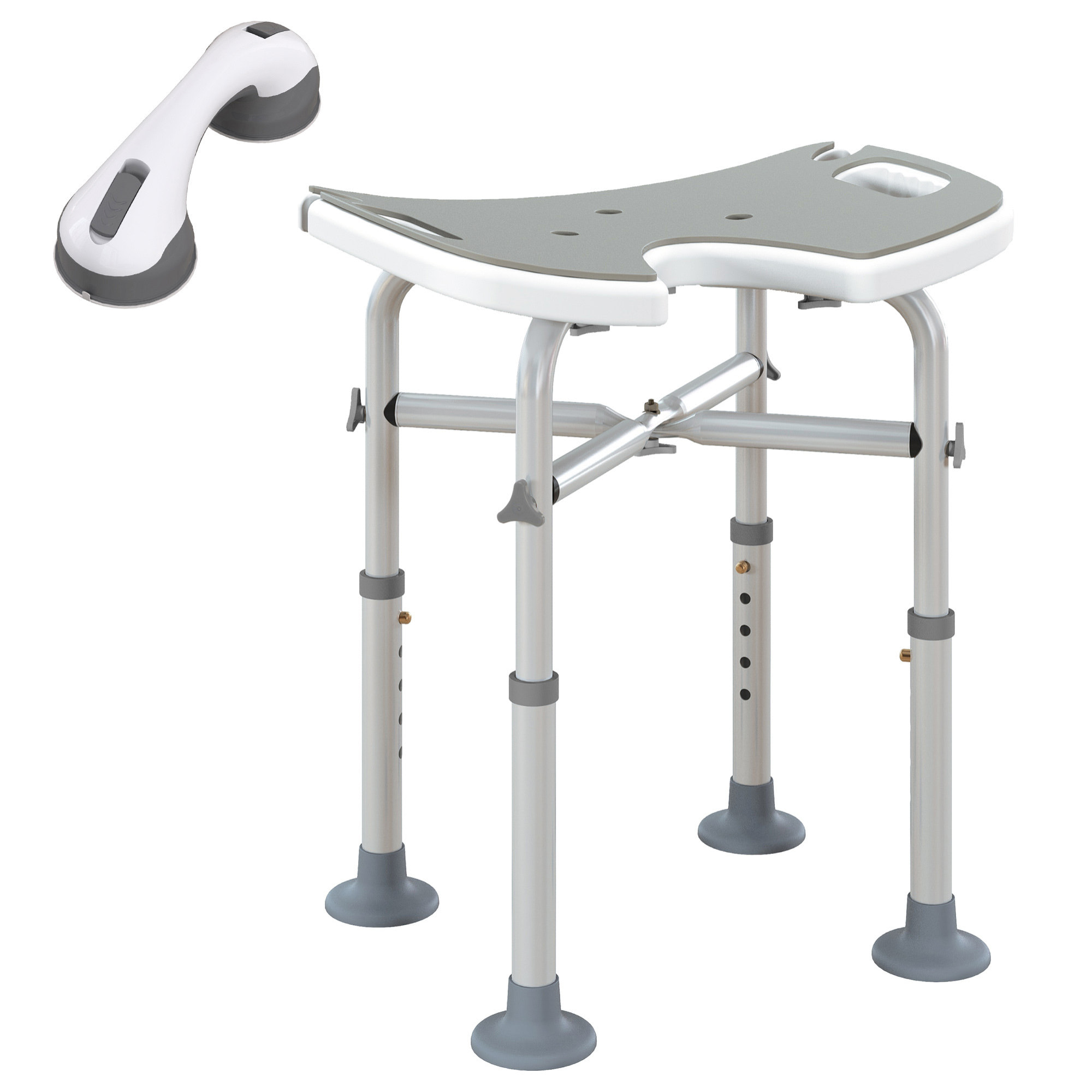 Tabouret de douche - siège de douche avec barre d'appui ventouse - hauteur réglable - alu HDPE gris blanc