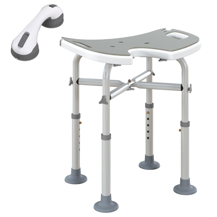 Tabouret de douche - siège de douche avec barre d'appui ventouse - hauteur réglable - alu HDPE gris blanc