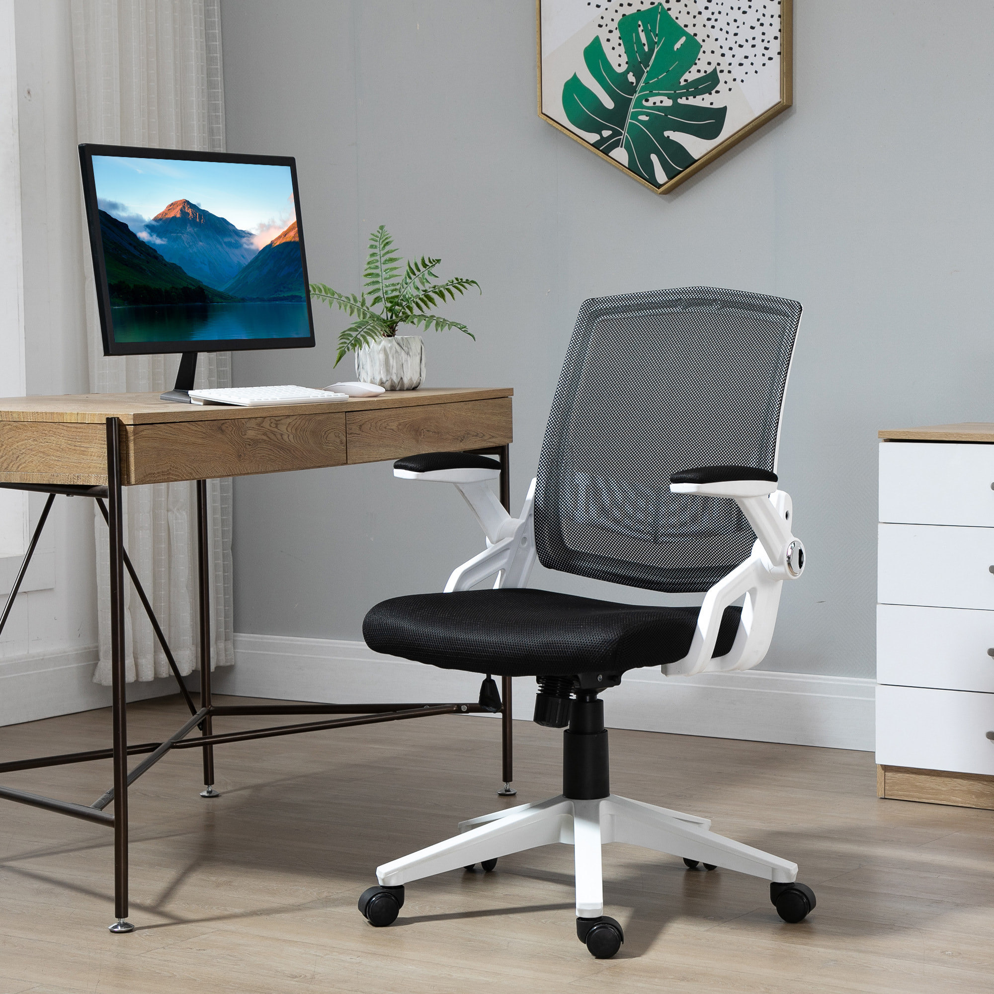 Silla de Oficina Ergonómica Silla de Juvenil con Altura Ajustable Reposabrazos Abatibles Soporte Lumbar y Respaldo Malla Transpirable 61x61x94-104 cm Negro