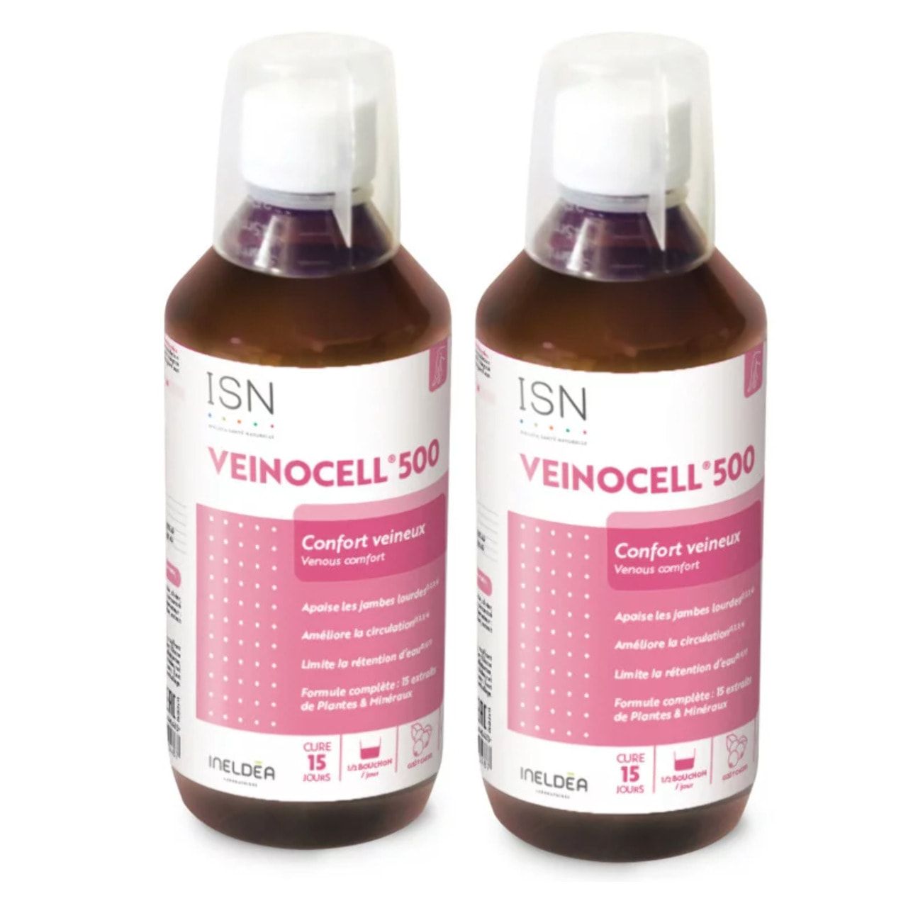 ISN - Veinocell® 500 - Complément alimentaire à base de plantes, minéraux - Vigne Rouge, Hamamélis, Mélilot - Confort circulatoire - Limite la rétention d'eau - Lot de 2 Flacons