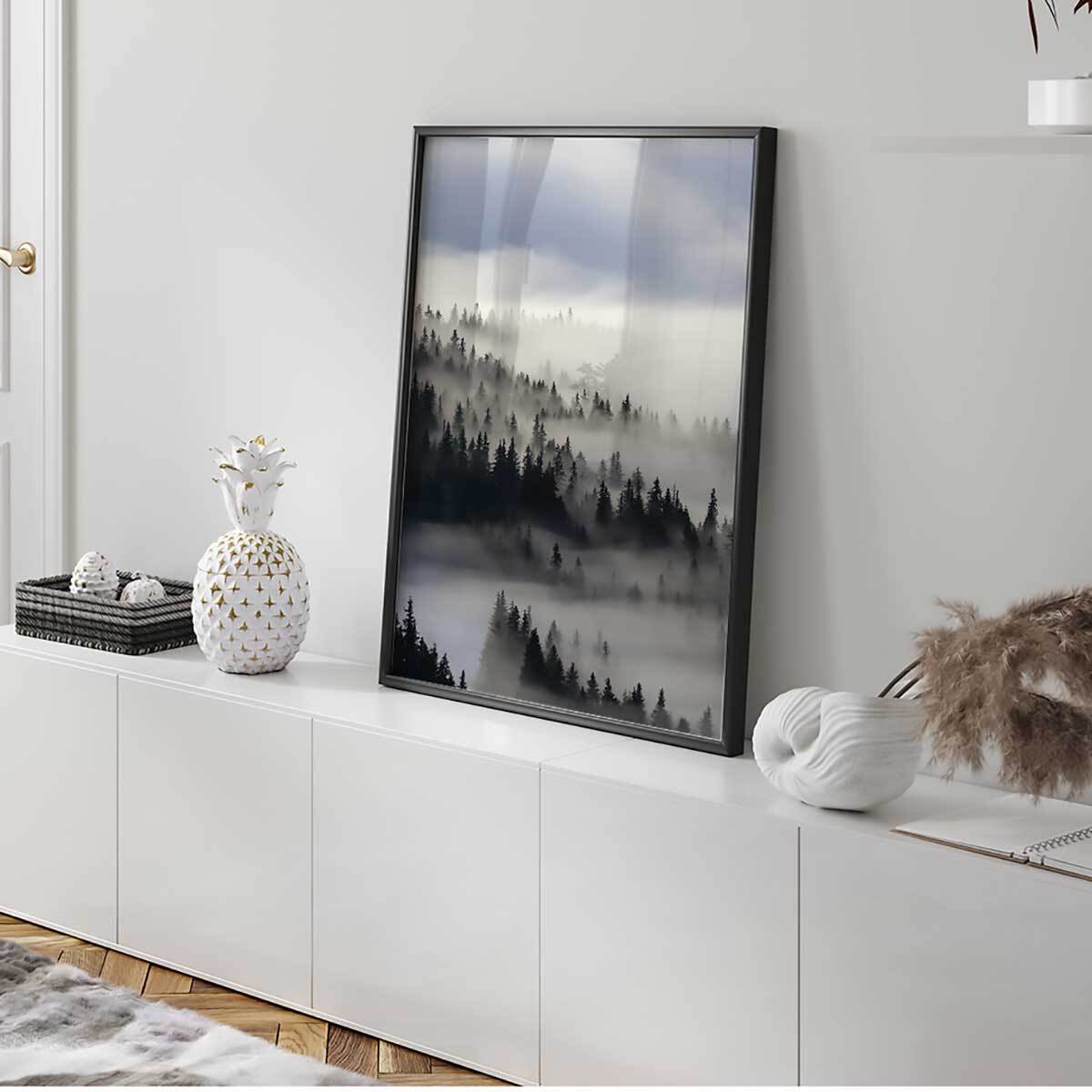 Affiche encadrée forêt de pins dans la brume Affiche + cadre en métal - Noir