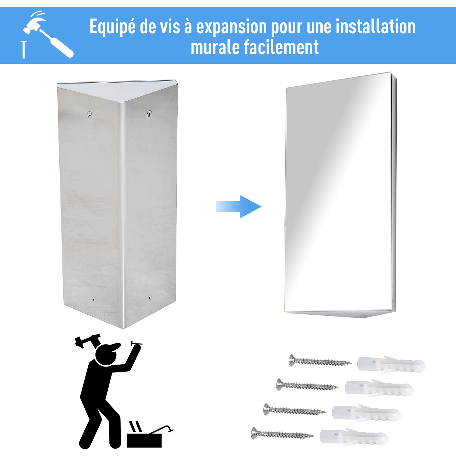 Armoire miroir salle de bain armoire de toilette murale meuble d'angle 2 étagères dim. 30L x 18,4l x 60H cm acier inox.