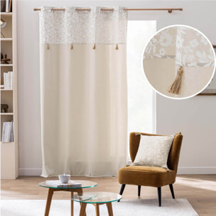 Rideau à œillets polycoton avec top floral et pompons - Naturel