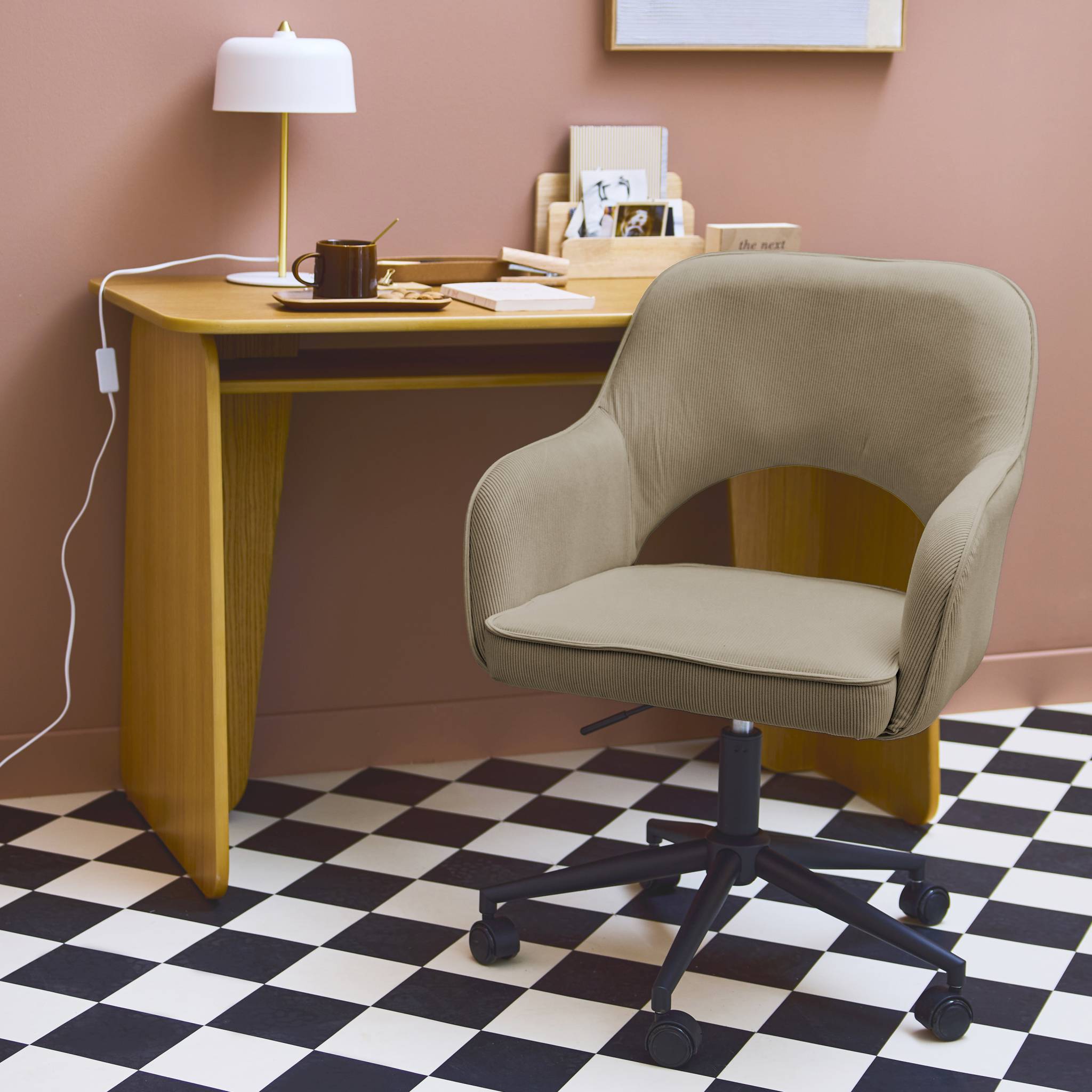 Chaise de bureau à roulettes velours côtelé beige L 60 x P 62 x H 89 / 99cm