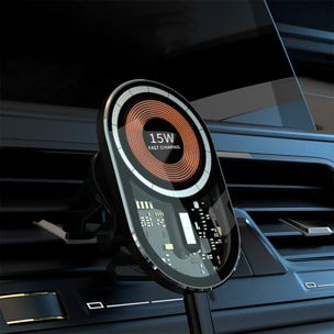 Caricatore wireless per auto Magsafe, con clip per presa d'aria, 15W. Con luce ambientale a LED.