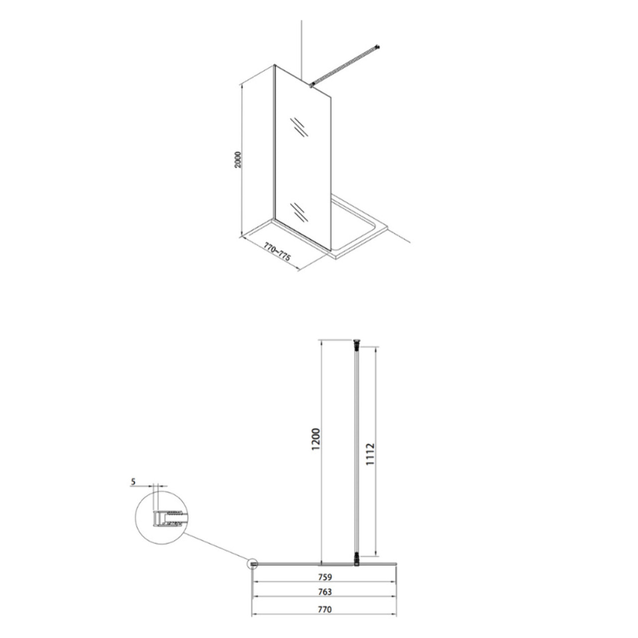 Walk-in Paroi de douche à l'italienne 77x200 cm, Verre fumé Easy Clean (WI80KS)