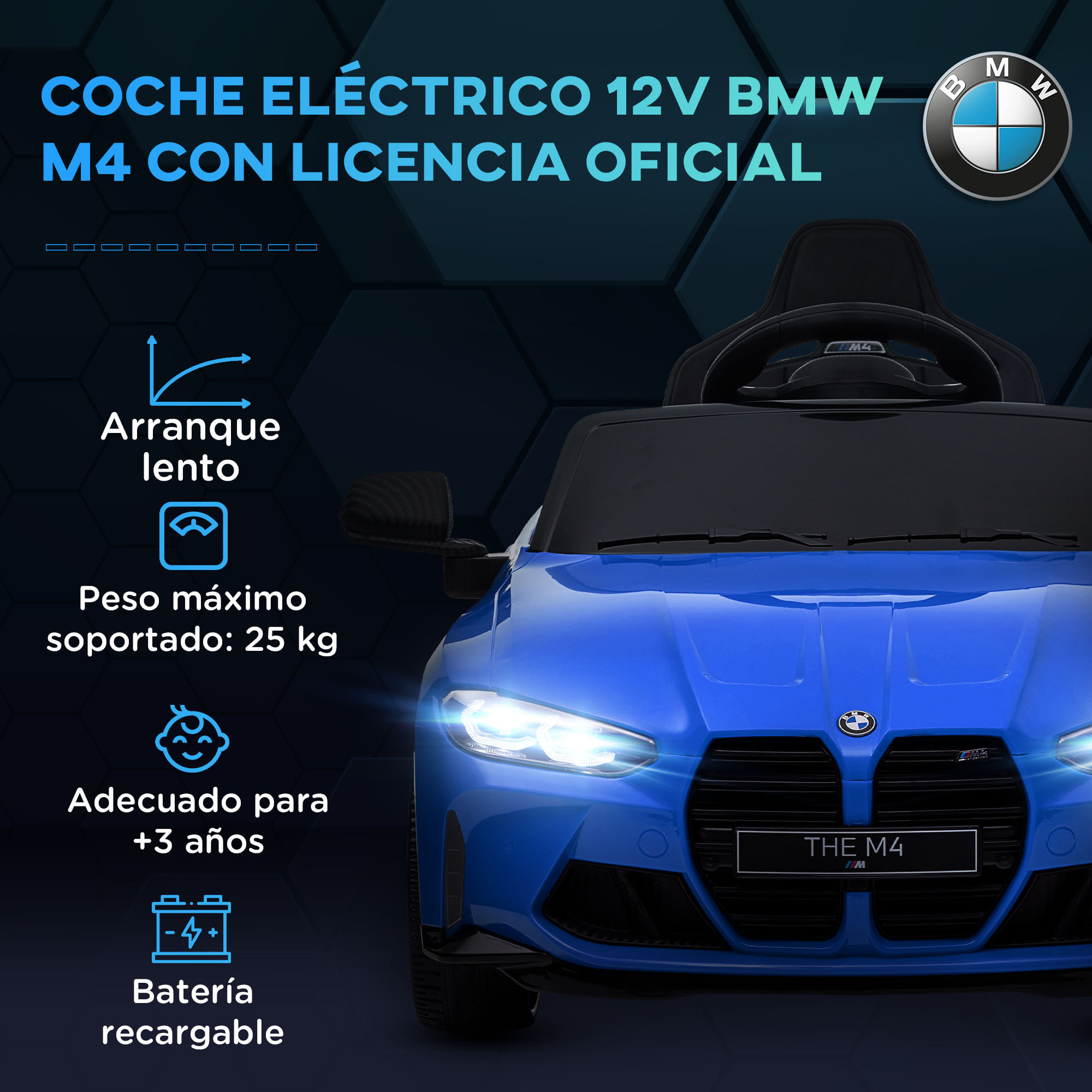Coche Eléctrico para Niños12V BMW M4 Coche de Batería para Niños con Mando a Distancia Faros Bocina Música Velocidad 3-5 km/h Marcha Adelante y Atrás Cinturón de Seguridad Azul