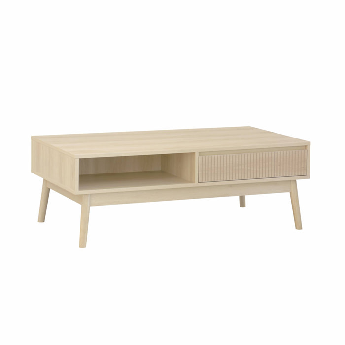 Table basse couleur naturelle. Linear. décor bois rainuré.  pieds compas. 2 niches. 1 tiroir.  L 110 x l 59 x H 39cm