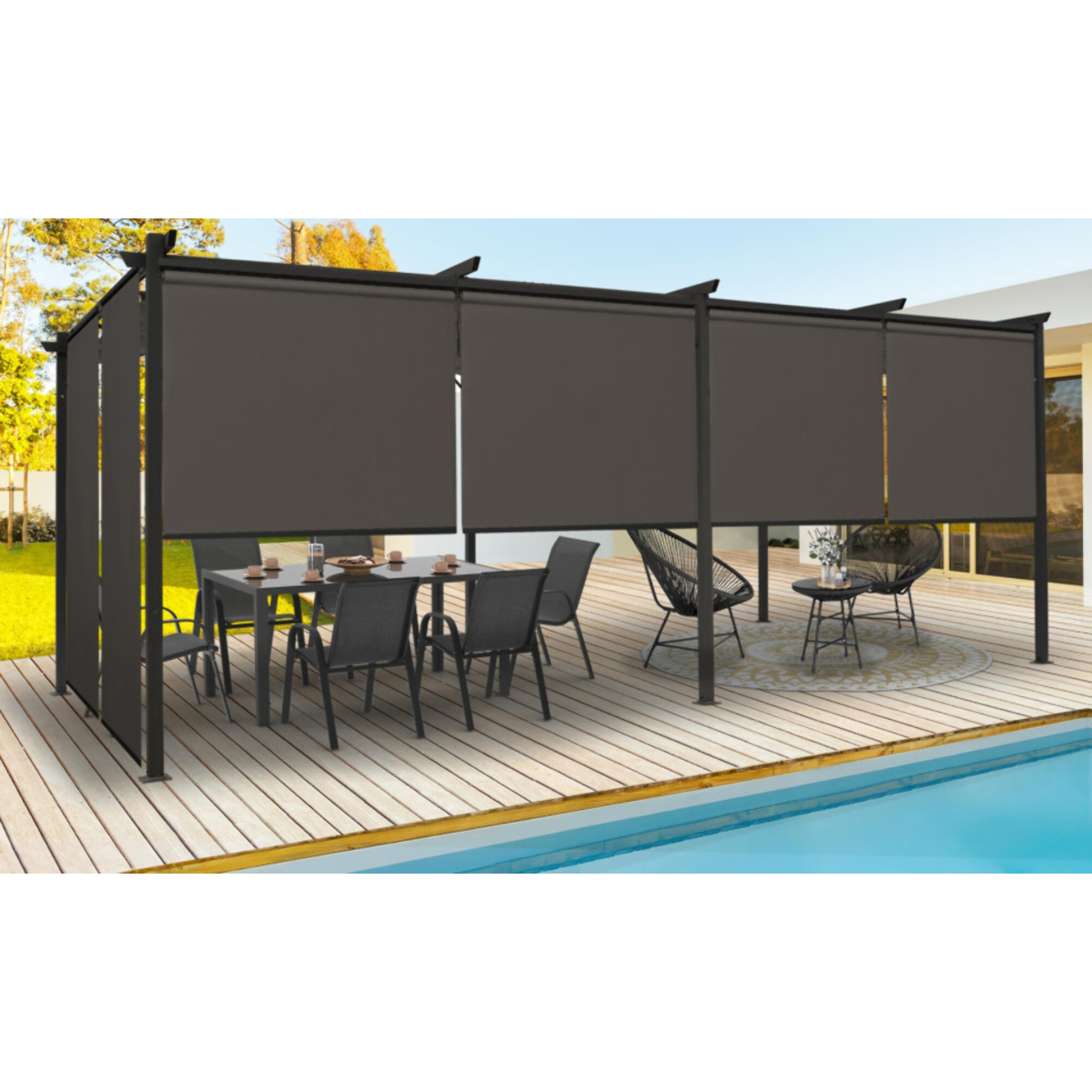 Pergola Marina en acier avec toit rétractable et 6 stores gris 3x6m