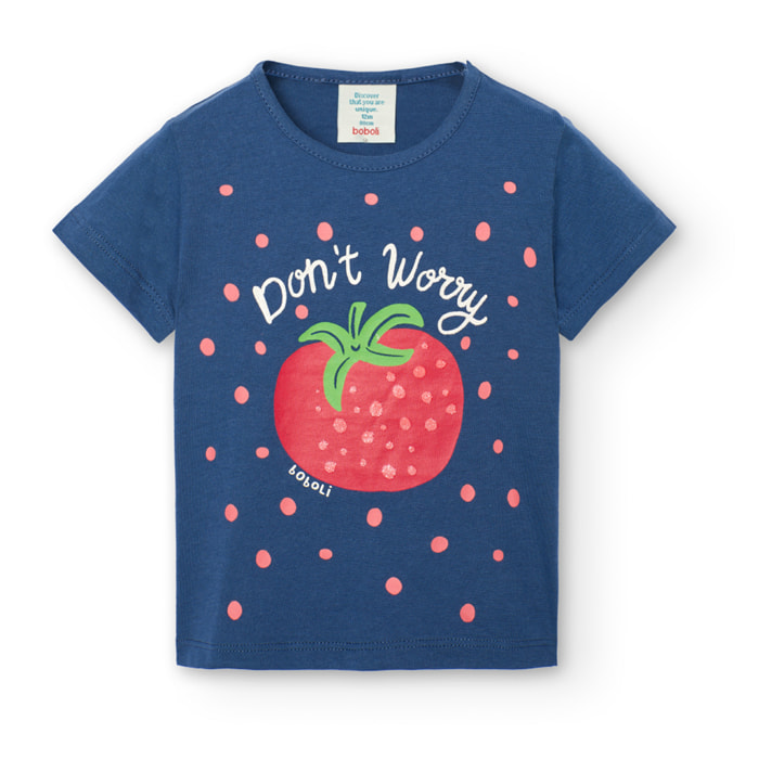 Camiseta bÃ¡sica niÃ±a, algodÃ³n, estampado, azul Ã­ndigo