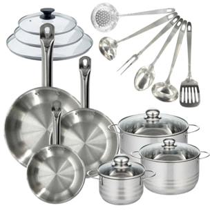 Batterie de cuisine 3 poêles 20/24/28 cm et couvercles, 3 faitouts 16/20/24 cm et 6 ustensiles Fackelmann Eterna