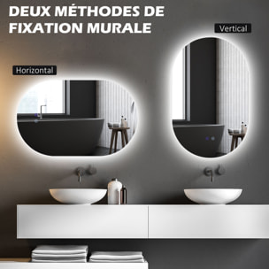 Miroir ovale LED de salle de bain - dim. 91H x 61l cm - 3 couleurs, réglable, tactile, antibué - décor acrylique transparent