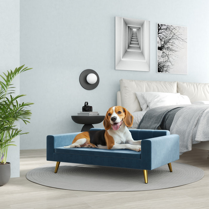 Canapé chien style art déco - dim. 94L x 59l x 31H cm - coussin amovible déhoussable - acier doré velours bleu