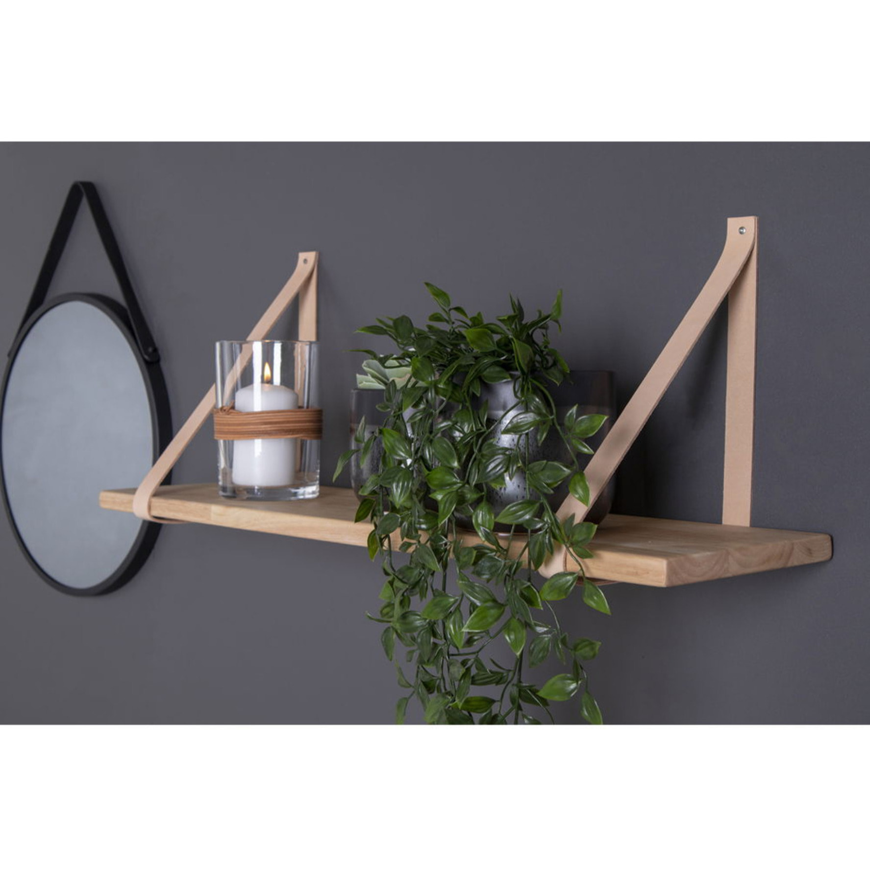 Mensola da parete Forno in legno naturale con cinghie in pelle marrone 120x20 cm