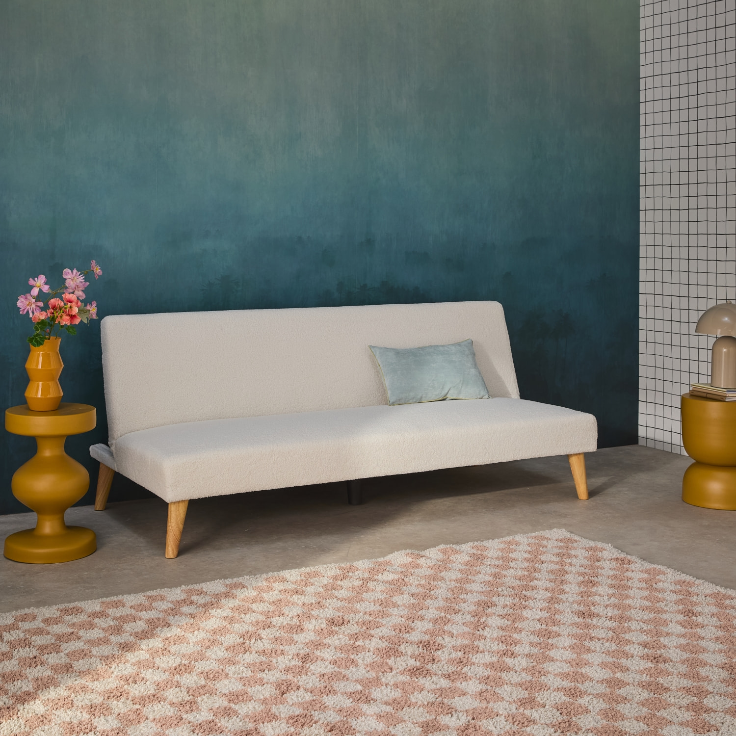 Canapé banquette convertible 3 places bouclette blanche piètement bois d'hévéa L 180 x P 100 x H 74.5 cm - Tom