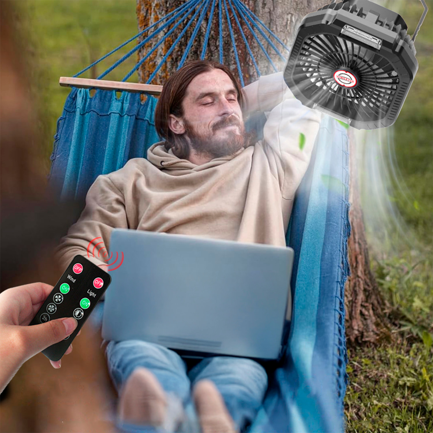 Ventilatore P10 con motore senza spazzole, LED con 16 luci, 4 velocità, 3 livelli di luce e 3 timer. Include telecomando e powerbank da 7800 mAh.