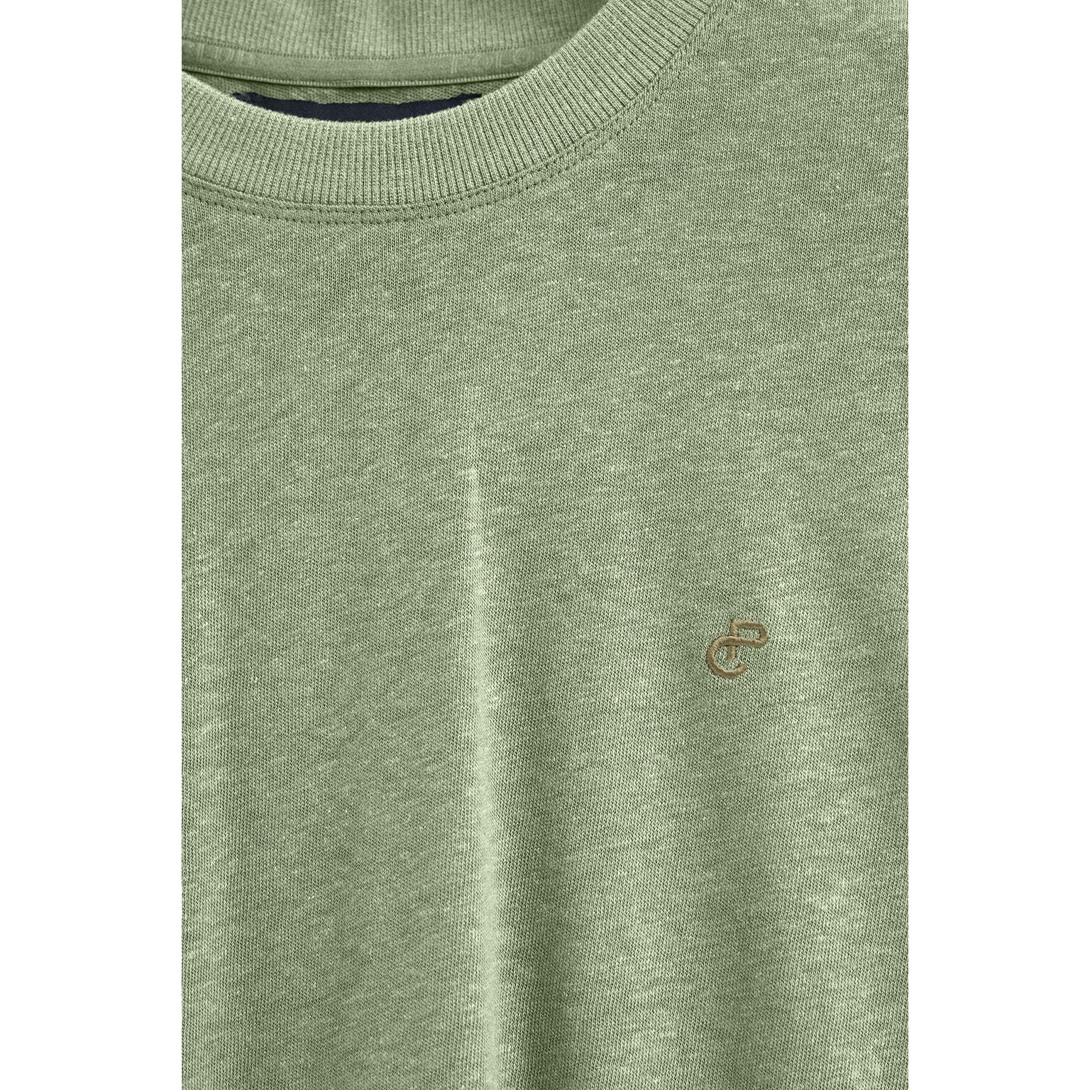 Maglietta verde giada in lino e cotone a girocollo e con monogramma ricamato